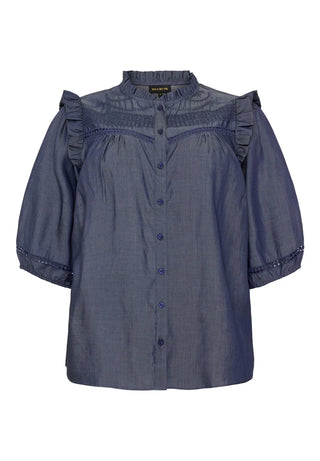 Elegant bluse med flæsedetaljer - Denim Blue